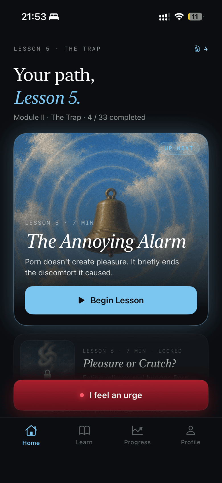 The Odyssey home screen showing today's lesson, The Annoying Alarm