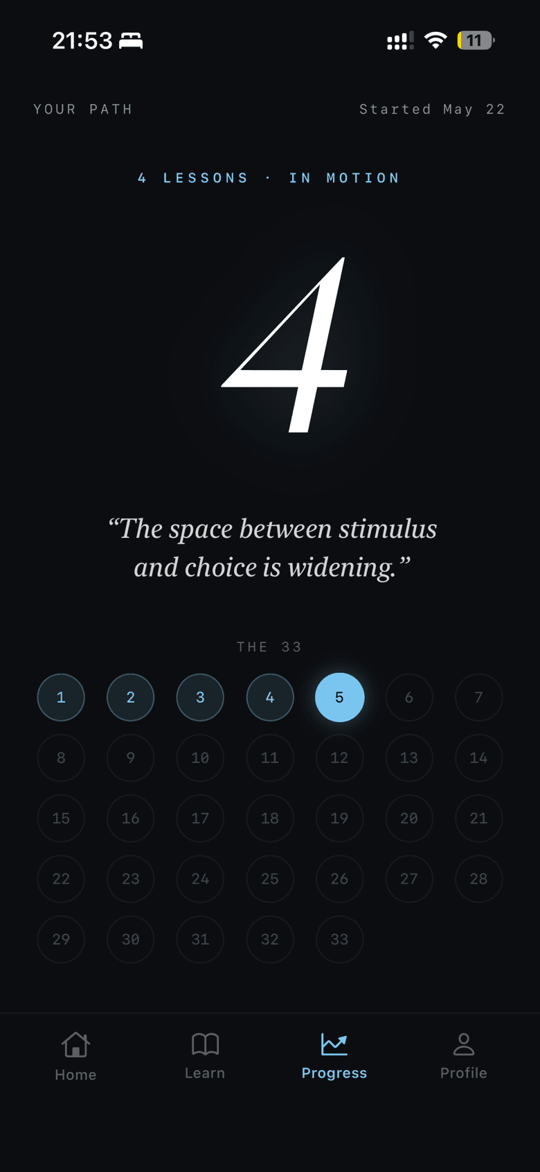 The Odyssey progress screen, four lessons in motion